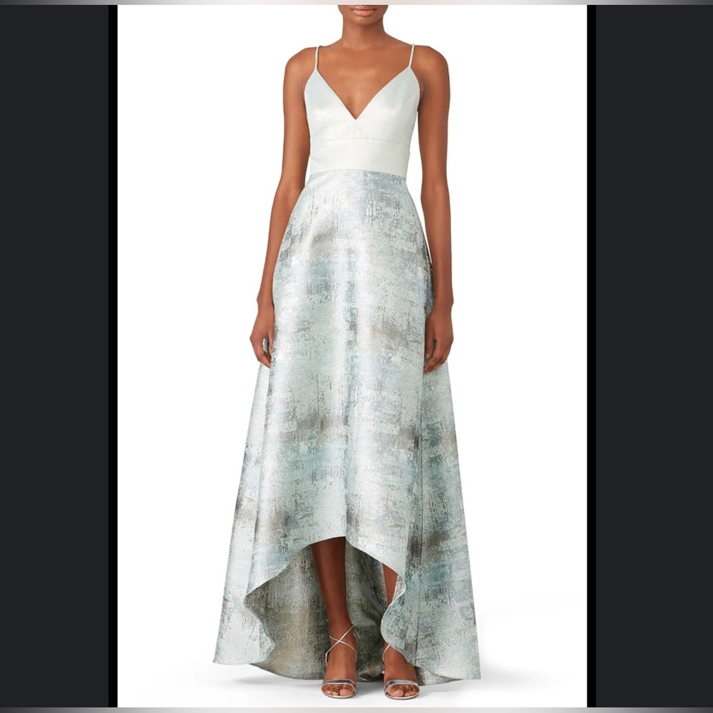 BADGLEY MISCHKA Metallic Aqua/Silver Textured High-Low Sleeveless Maxi Gown Sz 4